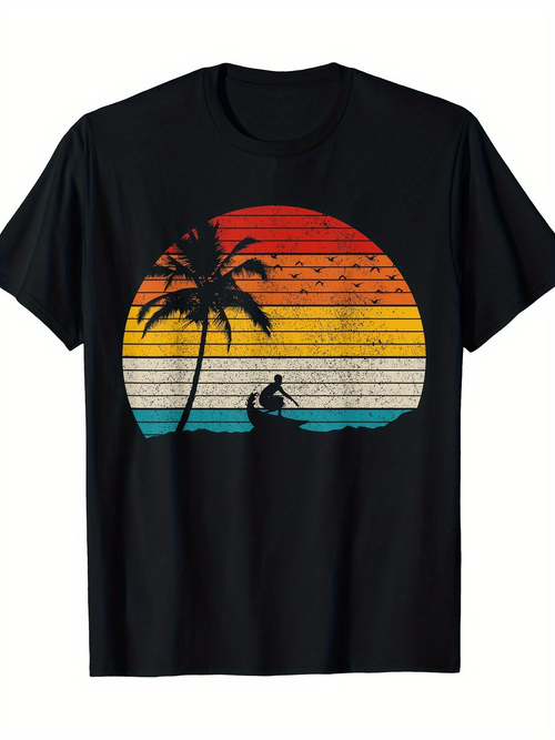 Men's Graphic T-Shirt Vintage Sunset With Surfboard And Palm Tree Silhouette Surfer