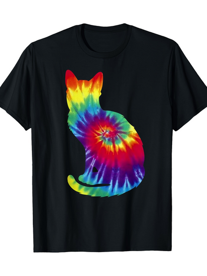 Men's Graphic T-Shirt Vivid Rainbow Tie Dye Pattern Shining Around A Sitting Cat