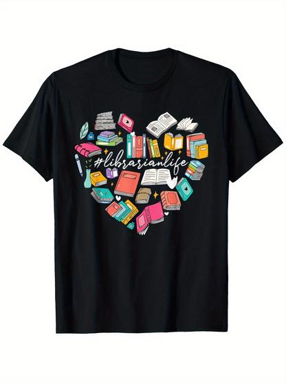 Men's Graphic T-Shirt Libra Life Colorful Books Forming A Heart Shape Surrounded By Opened And Closed Books