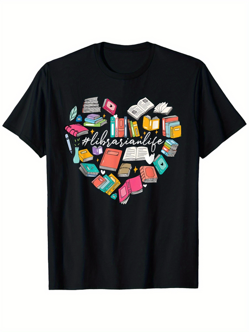 Men's Graphic T-Shirt Libra Life Colorful Books Forming A Heart Shape Surrounded By Opened And Closed Books