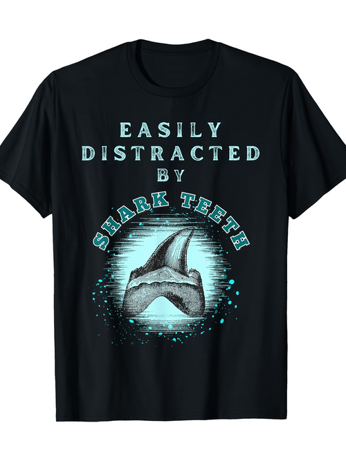 Men's Graphic T-Shirt Easily Distracted By Shark Teeth Sparkling Water Effects With Jaw Fossil Centerpiece