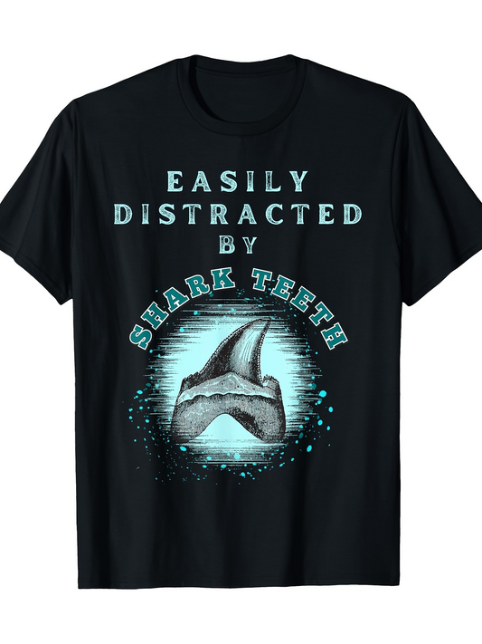 Men's Graphic T-Shirt Easily Distracted By Shark Teeth Sparkling Water Effects With Jaw Fossil Centerpiece