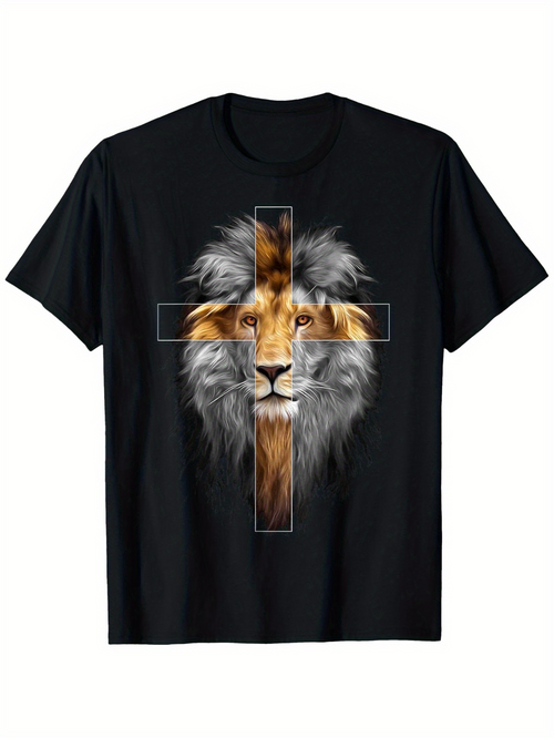 Men's Graphic T-Shirt Majestic Mane Of A Lion With Cross Framing The Fierce Noble Animal