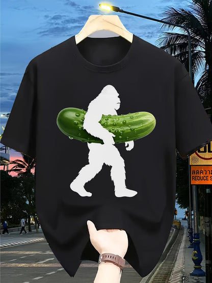 Men's Graphic T-Shirt Walking Urban Evening With White Silhouette Carrying Fresh Green Cucumber