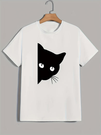 Men's Graphic T-Shirt Playful Black Cat Peeking Out From White Shirt Corner Cat