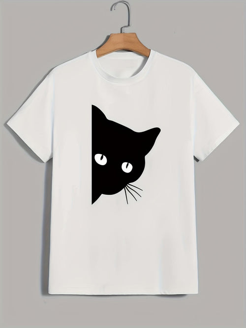 Men's Graphic T-Shirt Playful Black Cat Peeking Out From White Shirt Corner Cat