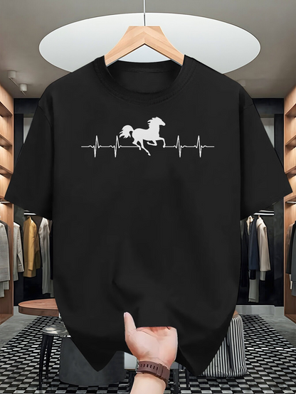 Men's Graphic T-Shirt Galloping Horse Silhouette With Heartbeat Line Under Dark Sky