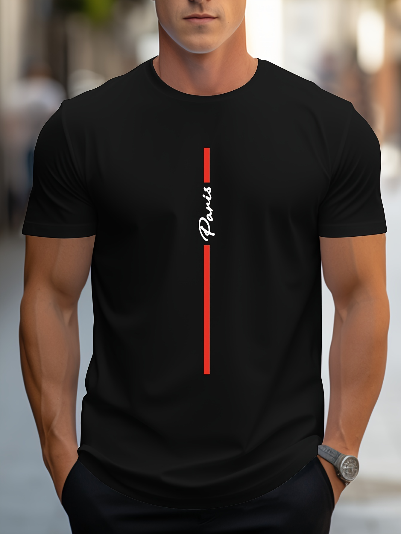 Men's Graphic T-Shirt Minimalist Red Vertical Stripe With White Slanted Script Text Line