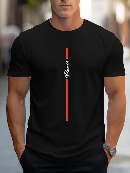 Men's Graphic T-Shirt Minimalist Red Vertical Stripe With White Slanted Script Text Line