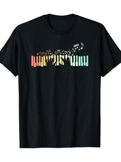 Men's Graphic T-Shirt Colorful Music Notes Flowing Across Piano Keys Guitar