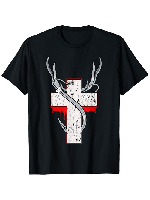 Men's Graphic T-Shirt Grunge Marble White Cross With Red Paint Smears And Smoke