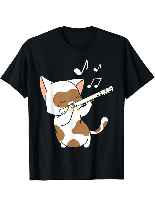 Men's Graphic T-Shirt Cartoon Calico Cat Playing Flute Surrounded By Floating Music Notes