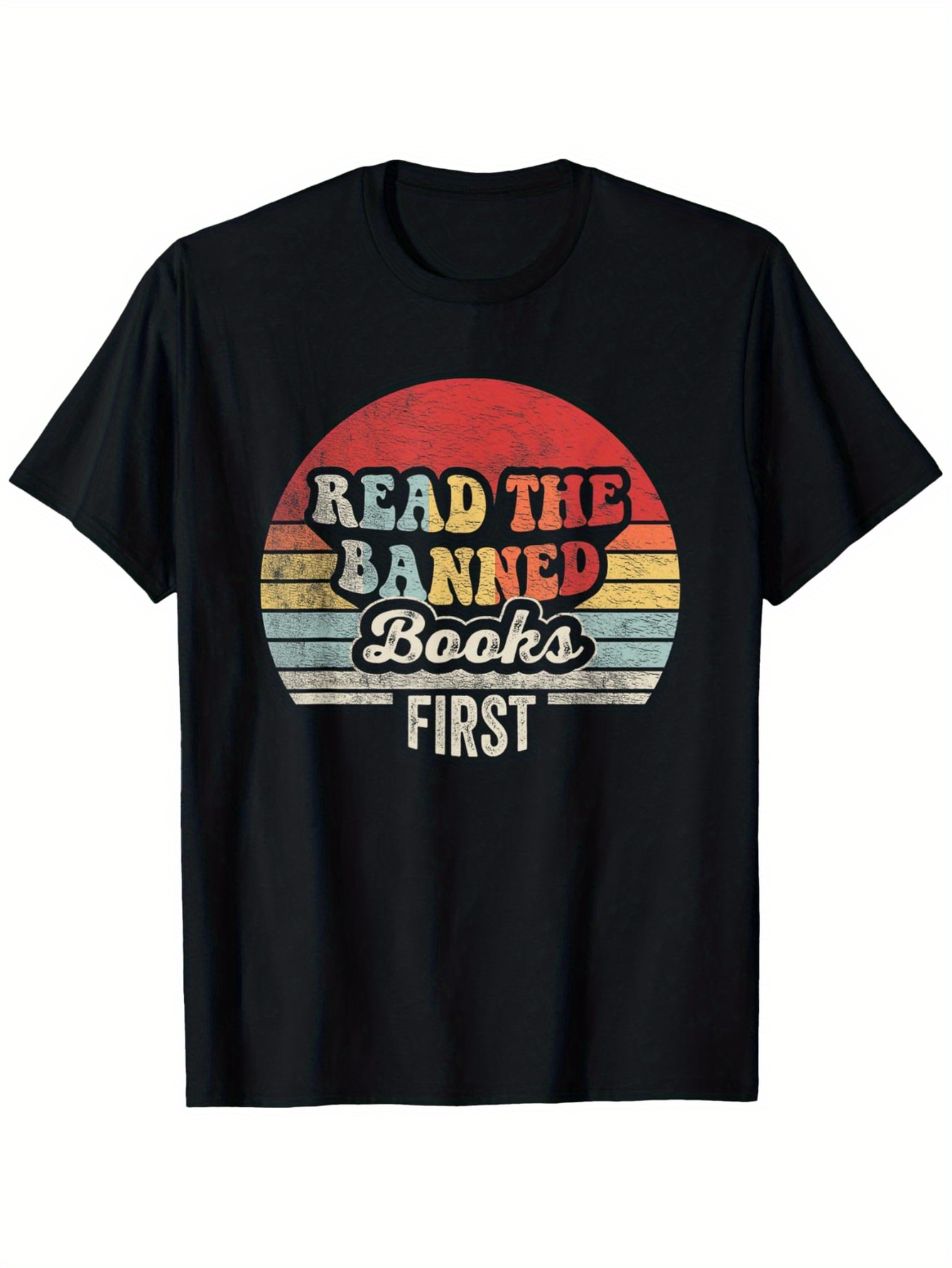 Men's Graphic T-Shirt Read The Banned Books First Retro Striped Sunset Statement Tee