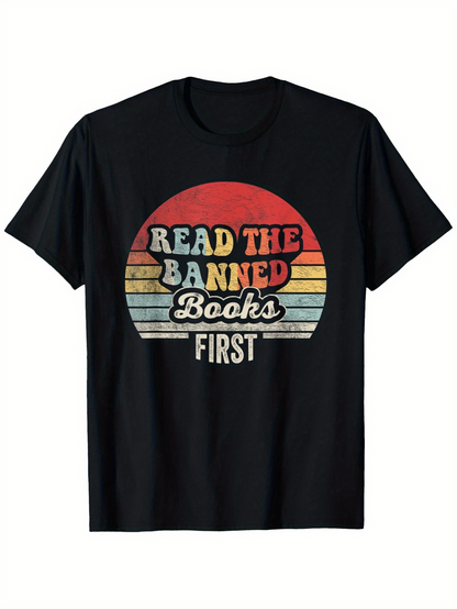 Men's Graphic T-Shirt Read The Banned Books First Retro Striped Sunset Statement Tee