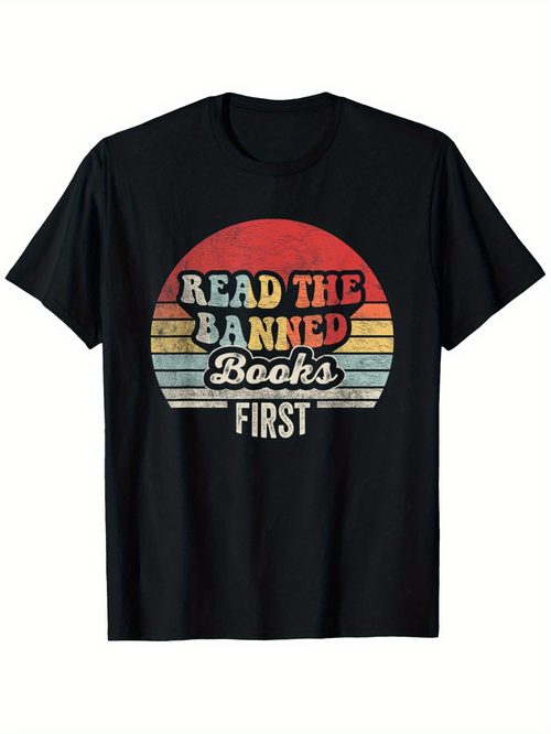 Men's Graphic T-Shirt Read The Banned Books First Retro Striped Sunset Statement Tee
