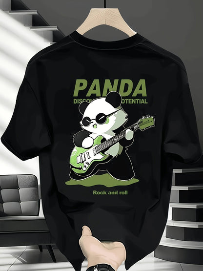 Men's Graphic T-Shirt Rock And Roll Panda With Green Electric Guitar Playing