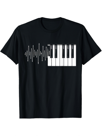 Men's Graphic T-Shirt Musical Soundwaves Flowing Into Black And White Piano Keyboard