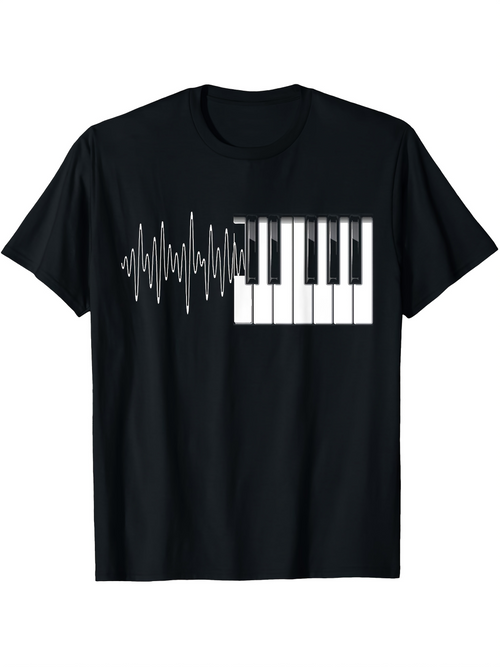 Men's Graphic T-Shirt Musical Soundwaves Flowing Into Black And White Piano Keyboard