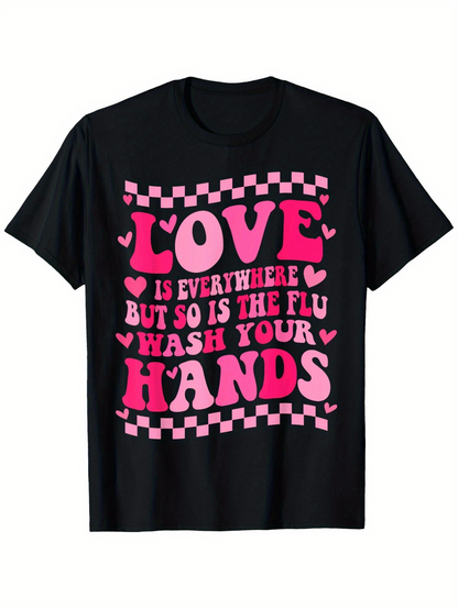 Men's Graphic T-Shirt Love Is Everywhere Flu Warning Typography On Checkerboard Hands
