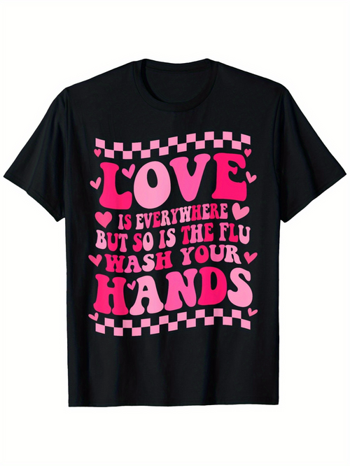 Men's Graphic T-Shirt Love Is Everywhere Flu Warning Typography On Checkerboard Hands