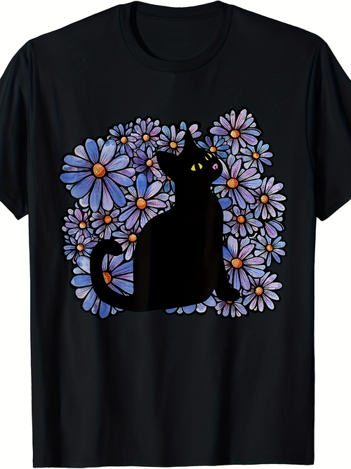 Men's Graphic T-Shirt Black Cat Silhouette Sitting Among Purple Wildflowers