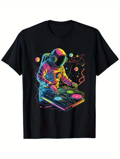 Men's Graphic T-Shirt Neon Colors In Outer Space With Astronaut Playing Music DJ