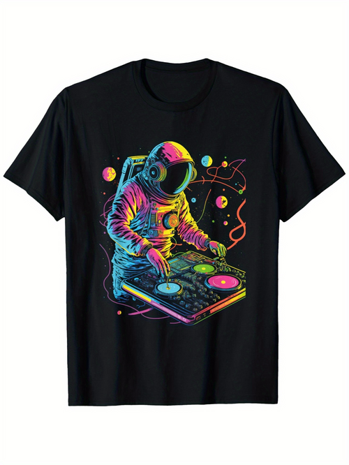 Men's Graphic T-Shirt Neon Colors In Outer Space With Astronaut Playing Music DJ