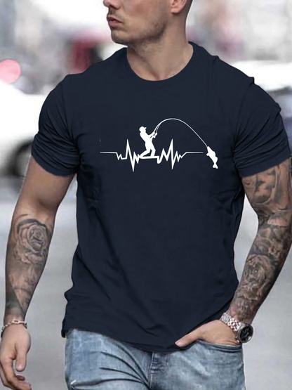 Men's Graphic T-Shirt Heartbeat Line With Silhouette Of Fisherman Catching A Jumping Fish