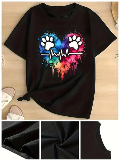 Men's Graphic T-Shirt Colorful Heart Shape With Paw Prints And Vibrant Pulse Sign