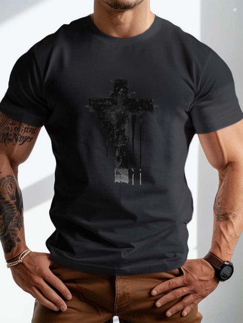 Men's Graphic T-Shirt Shadowy Urban Art Among Grunge Cross On Black Shirt