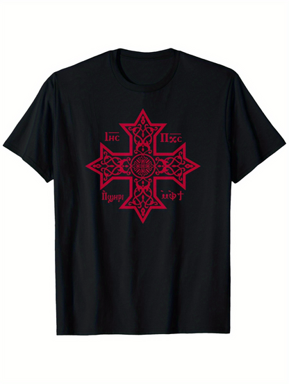 Men's Graphic T-Shirt Intricate Red Pattern With Ornate Cross Geometric Motifs And Detailed Artwork Cross