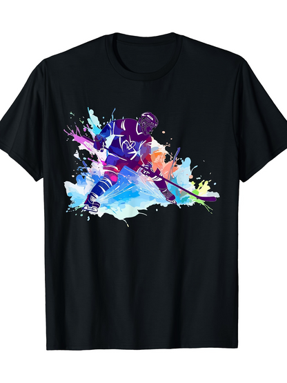 Men's Graphic T-Shirt Color Splash Effects With Energetic Movement Featuring Hockey Player