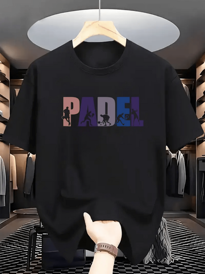 Men's Graphic T-Shirt Sunset Gradient Block Letters With Silhouetted Sports Racket Player Padel