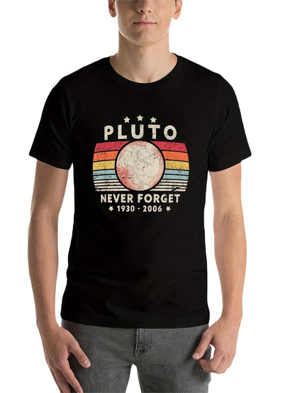 Men's Graphic T-Shirt Pluto Never Forget Striped Retro Sunset With Planet Illustration