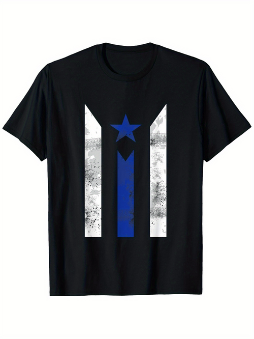 Men's Graphic T-Shirt Blue Star With Weathered White Vertical Stripes On Vintage Graphic Shirt