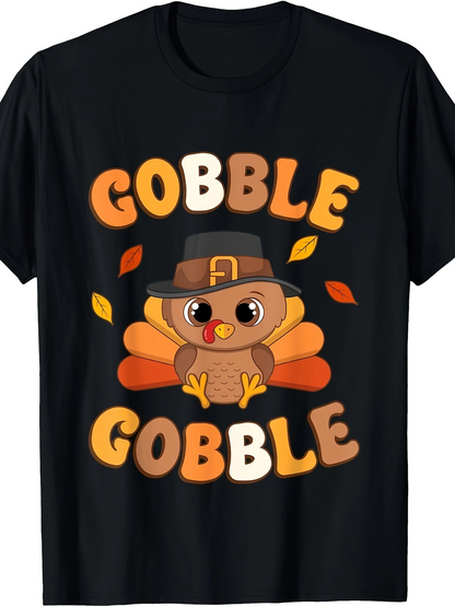 Men's Graphic T-Shirt Gobble Gobble With Pilgrim Hat Cartoon Surrounded By Falling Autumn Leaves Turkey