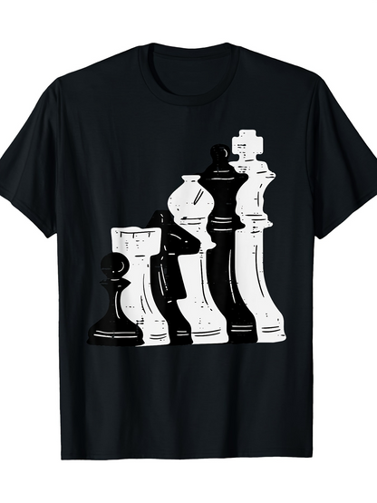 Men's Graphic T-Shirt Monochrome Classic Board Game Pieces On Black Cotton Chess Set