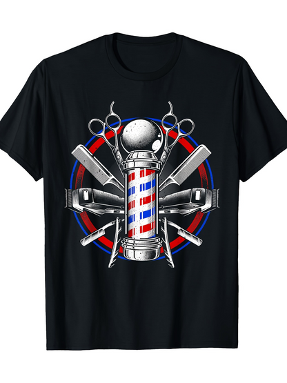Men's Graphic T-Shirt Classic Barber Shop Tools With Vintage Striped Pole Centerpiece