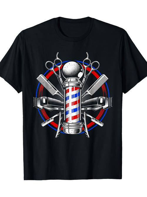 Men's Graphic T-Shirt Classic Barber Shop Tools With Vintage Striped Pole Centerpiece