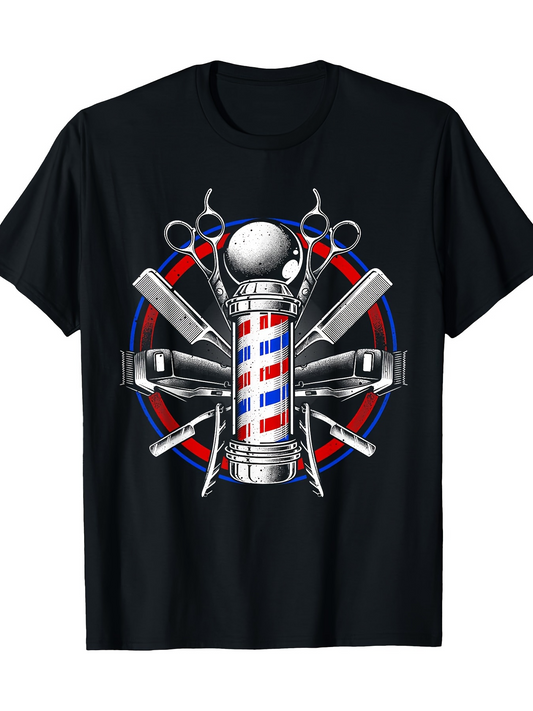 Men's Graphic T-Shirt Classic Barber Shop Tools With Vintage Striped Pole Centerpiece