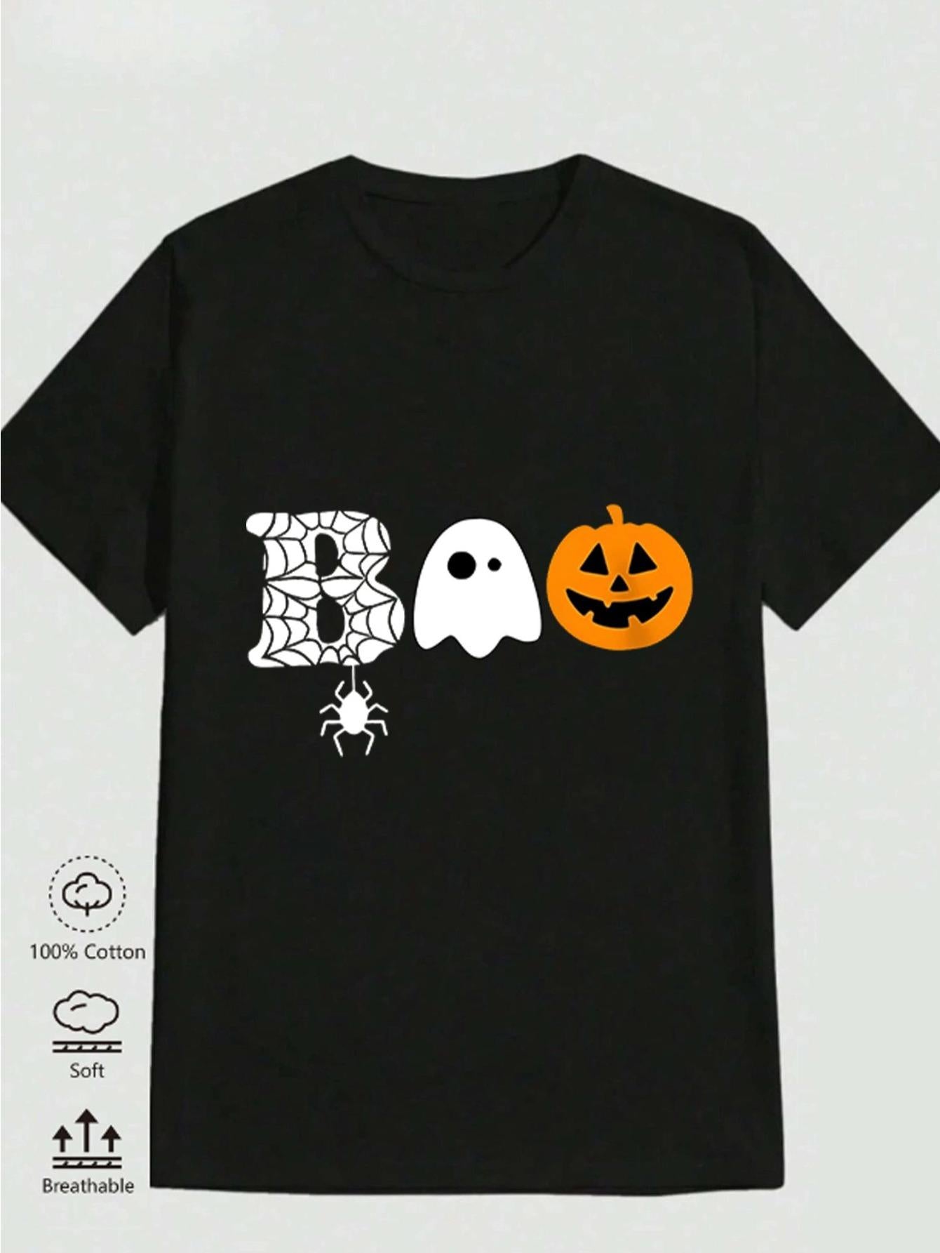 Men's Graphic T-Shirt Boo With Ghost Spider Web And Smiling Pumpkin