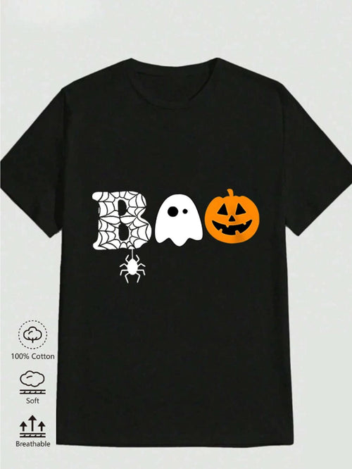 Men's Graphic T-Shirt Boo With Ghost Spider Web And Smiling Pumpkin