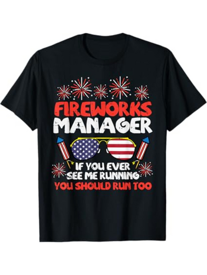 Men's Graphic T-Shirt Fireworks Manager Funny Quote With American Flag And Sunglasses Surrounded By Sparklers