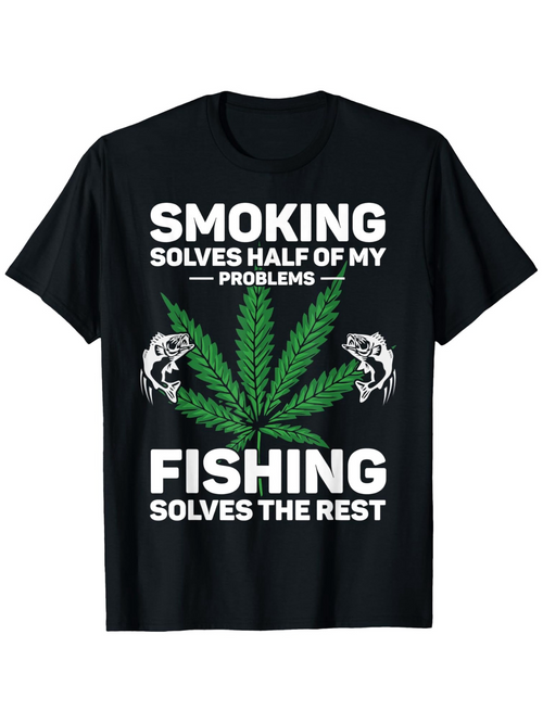 Men's Graphic T-Shirt Smoking Solves Problems With Vibrant Cannabis Leaf And Two Jumping Fish