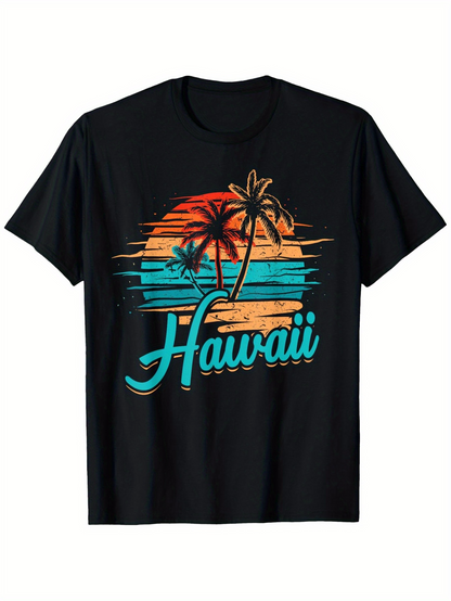 Men's Graphic T-Shirt Hawaii Vibrant Sunset With Palm Trees And Ocean Waves Scene