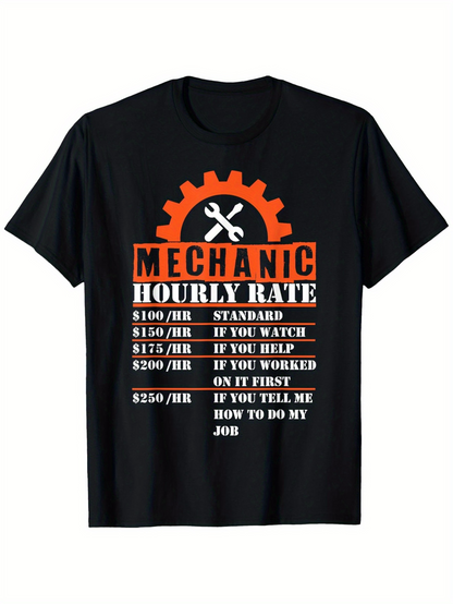 Men's Graphic T-Shirt Mechanic Hourly Rate List With Orange Gear And Crossed Tools