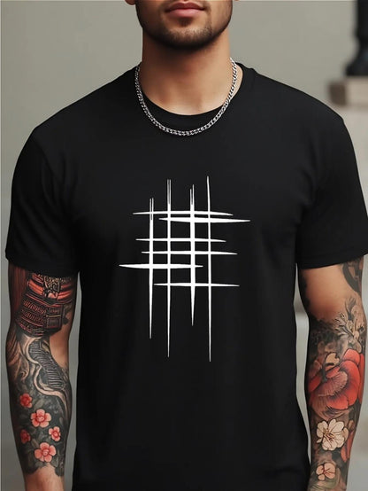 Men's Graphic T-Shirt Sharp Silver Lines Intersecting On Deep Black Abstract Grid