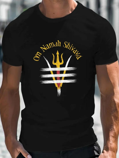 Men's Graphic T-Shirt Om Namah Shivaya Trident With Sacred Markings Among Radiant Golden Stripes