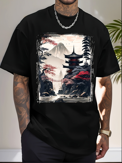 Men's Graphic T-Shirt Tranquil Mountain Landscape With Misty Trees Temple And Distant Peaks