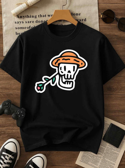 Men's Graphic T-Shirt Cartoon Style Skull Wearing Orange Hat With Flower